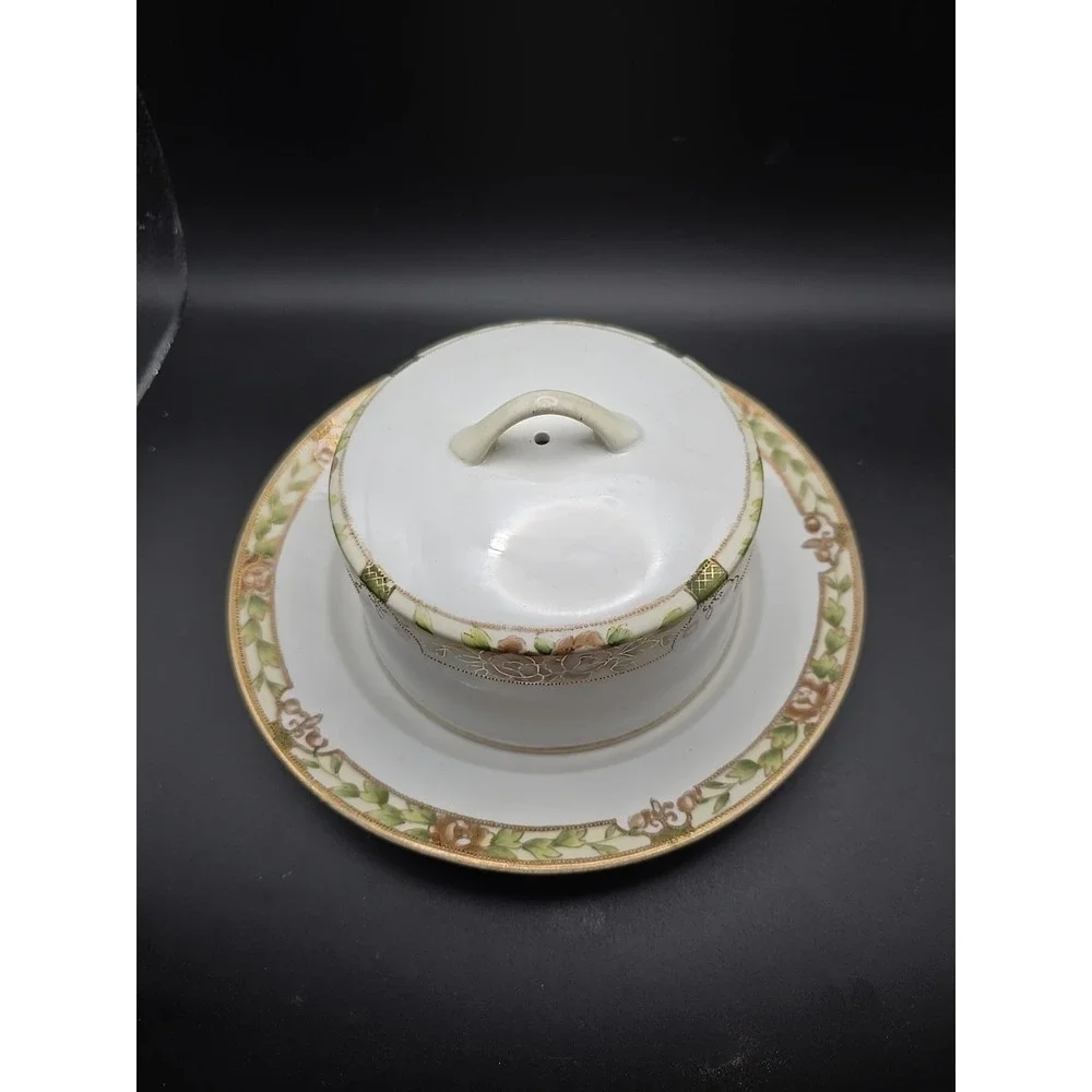 Antique Nippon Hand Painted China Cheese/ Butter‎ Dish Gold Floral